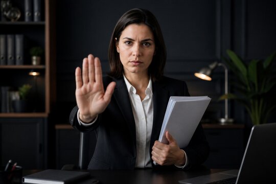 Business woman gesture stopping with documents in office