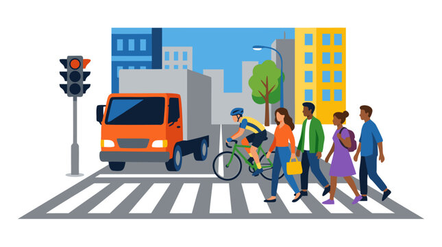 Flat vector illustration of diverse pedestrians crossing zebra crosswalk while orange box truck waits at red traffic light with cyclist passing urban cityscape background