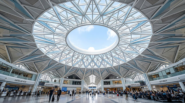 Modern airport terminal with geometric ceiling design 1.