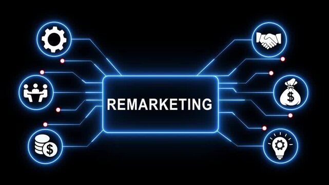 Comprehensive digital marketing remarketing strategy concept infographic animated background, featuring glowing blue, circuit board lines, business and data, network communication systems