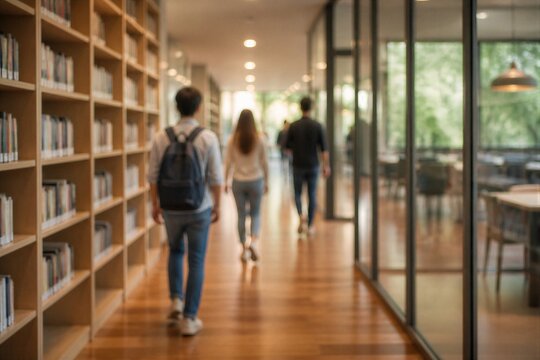 Students walking through library corridor with bookshelves