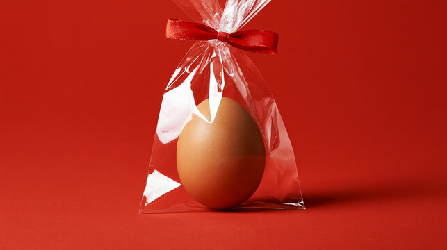 Exclusive photo of A brown egg inside a clear cellophane bag with a red bow against a solid red background. Perfect for creative Easter or festive holiday concepts.