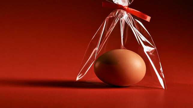 Exclusive photo of A single brown egg inside a clear plastic bag tied with a red ribbon on a red background. Creative concept for holiday food packaging and gifts.