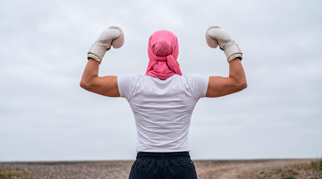 Woman in pink headscarf and boxing gloves flexing muscles against cloudy sky