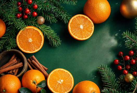 Fresh Oranges And Festive Decorations On A Dark Green Background