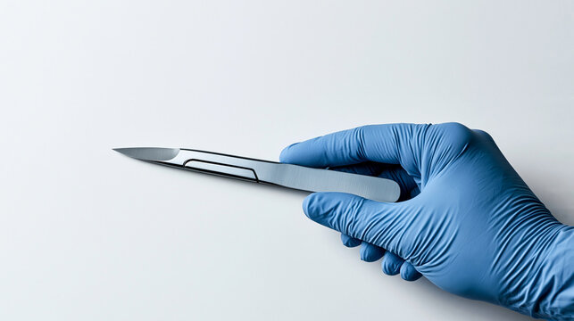 Exclusive photo of A gloved hand holds a sharp medical scalpel isolated on white background. Useful for surgical procedures or medical healthcare training content.