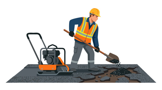 Construction worker in orange high-visibility safety vest and hard hat repairing damaged cracked asphalt road surface using shovel and compactor machine, vector illustration