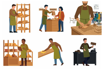 Fototapeta premium Bakery shop staff and business operations set including baker, cashier, and cleaning service flat vector illustrations