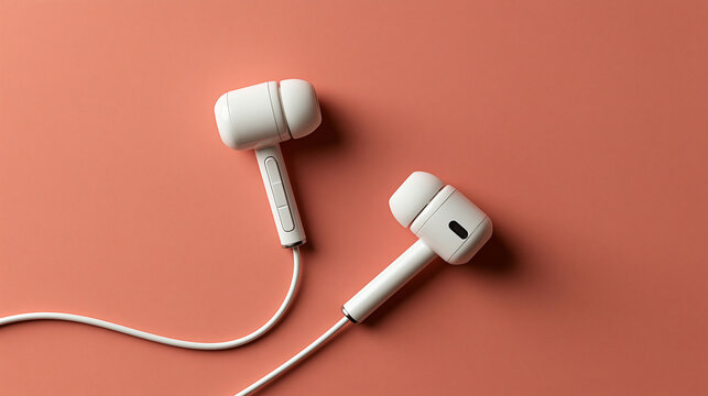 Exclusive photo of White wired earbuds placed on a soft coral pink background. Ideal for music, podcasting, and modern technology marketing campaigns.