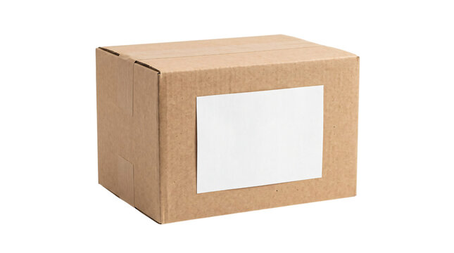 Set of three cardboard shipping boxes with blank white labels for customizable product packaging, e-commerce logistics, and delivery branding concepts