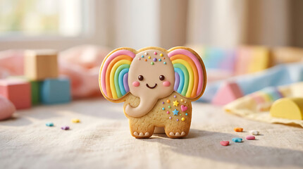 Naklejka premium A cute elephant shaped cookie decorated with colorful rainbow icing and sprinkles.