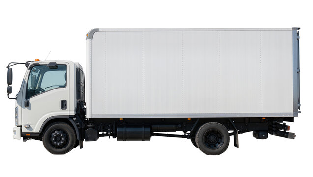 White box truck with black wheels and cargo container, isolated on transparent background