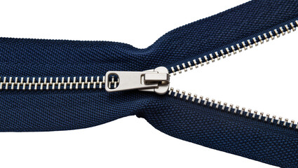 Dark blue fabric zipper with metal slider partially open, isolated on transparent background © vasili