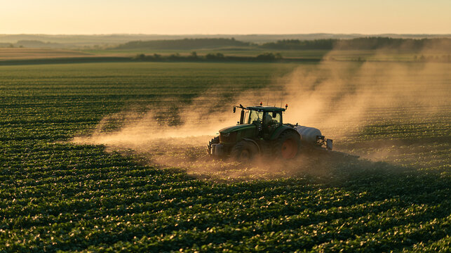 Tractor works in large field at sunset during agricultural activity