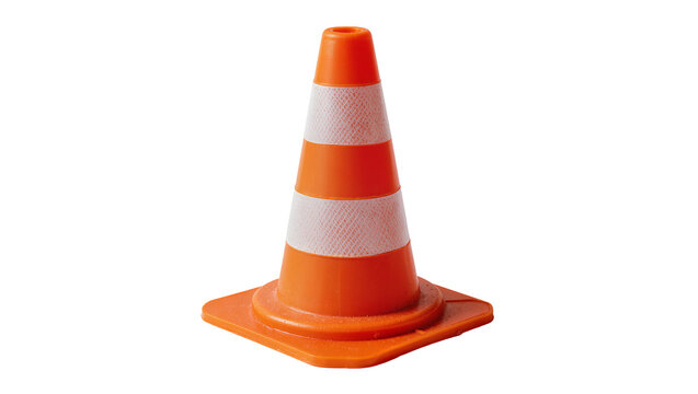 Orange traffic cone with reflective white stripes, isolated on transparent background