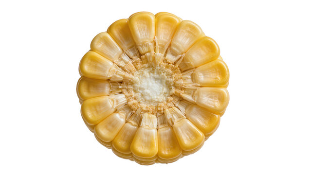 Cross-section of ripe yellow corn cob with kernels arranged in circular pattern, isolated on transparent background