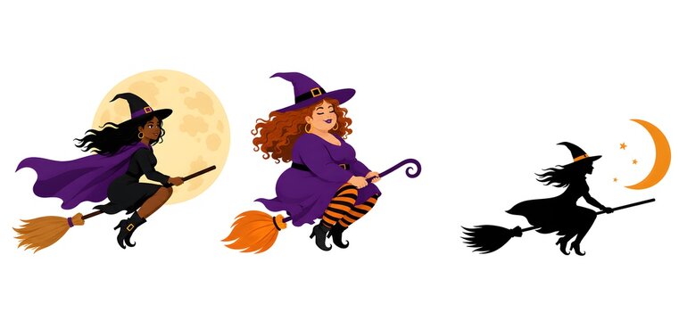 Halloween witch flying on broomstick, magic sorceress set, spooky moon silhouette