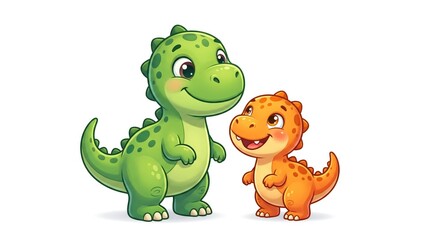 Fototapeta premium Cute cartoon dinosaur and baby dinosaur hugging in friendly vector illustration for kids design