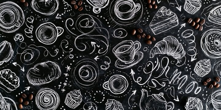 Chalk-drawn coffee cups, pastries, and beans on a blackboard background, featuring whimsical swirls and arrows in white chalk, creating a playful caf&Atilde;&copy; theme.