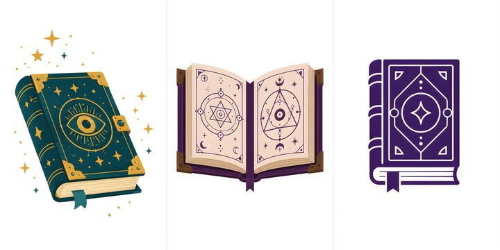 Mystical magic spell books, ancient occult grimoire set, celestial alchemy icons