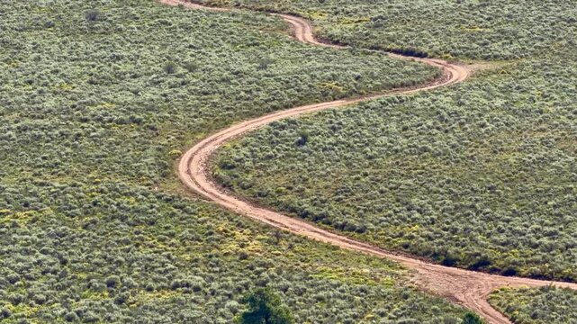 Truck drives along a winding dirt road through open woodland and sagebrush near Duck Creek in Dixie National Forest, Utah.
