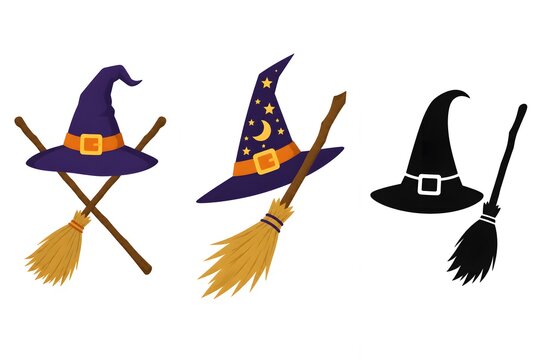 Halloween witch hat and broomstick set, purple wizard hats, magic broom icons