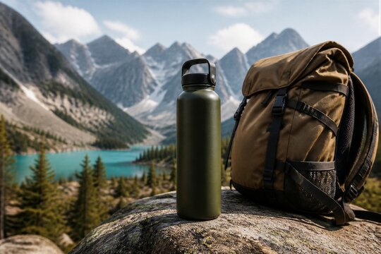 Hiking bottle and backpack resting on rock by alpine lake