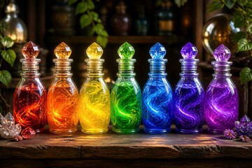 Fototapeta premium Colorful potion bottles glowing in rustic apothecary setting