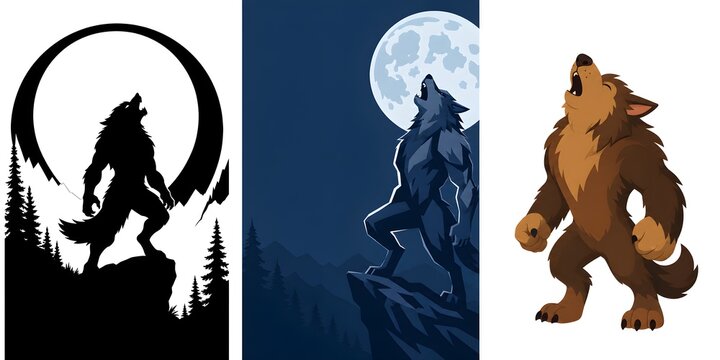 Werewolf howling at full moon, mythical wolf creature set, 3 monster icons