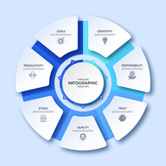 Fototapeta na wymiar Seven step circular infographic template with segmented elements, numbered sections and central circle for business process, strategy, planning, presentation, data visualization. Vector cycle diagram.