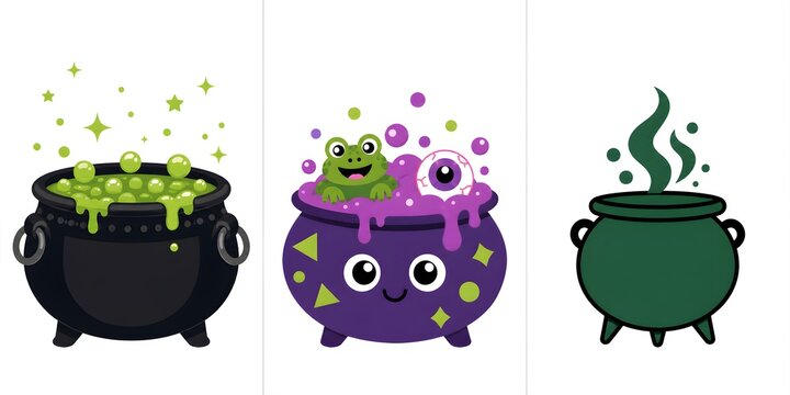 Halloween witch cauldron set, spooky magic potion pots, cartoon brew icons