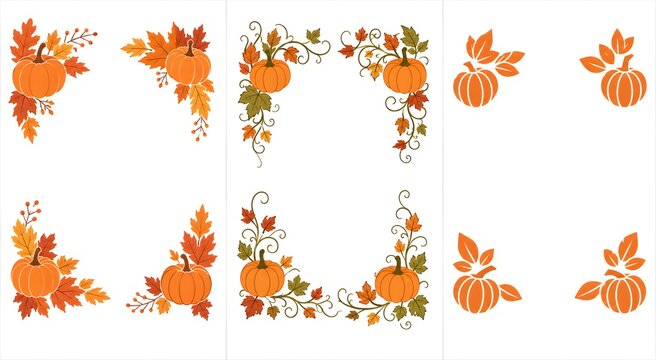 Autumn pumpkin border set, fall leaf corner frames, orange harvest illustrations