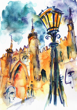 Lublin Castle with Historic Street Lamp &ndash; Hand-Painted Watercolor