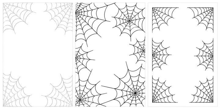 Spider web border set, Halloween cobweb frames, black line art spiderwebs