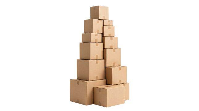 Stacked cardboard boxes in pyramid shape, brown shipping parcels for delivery, moving and logistics packaging on white background