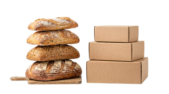 Artisan sourdough bread stack on wooden board, brown cardboard delivery boxes, fresh bakery shipment and eco-friendly food packaging