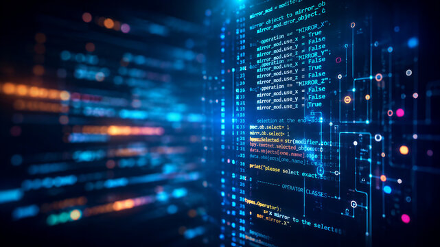 Backend programming code syntax on futuristic holographic screen representing software development and digital technology architecture