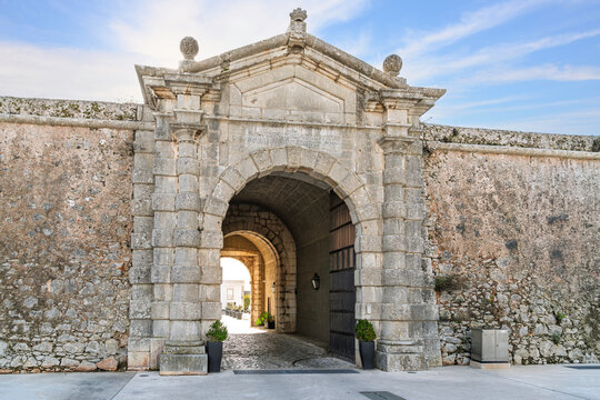 The main stone entrance archway of the Citadel of Cascais (Cidadela de Cascais), a historic 15th-to-17th-century fortification system located in the coastal town of Cascais, Portugal.