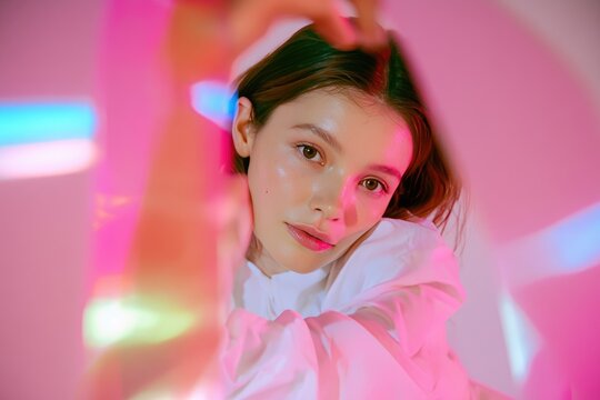 Vibrant Portrait of Young Woman with Neon Lights and Artistic Style
