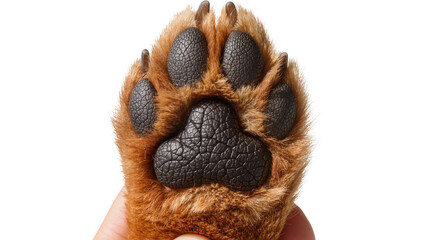 Fototapeta premium Brown furry dog paw with black textured pads and sharp claws, isolated on transparent background