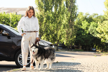 Pet ownership and responsible dog walking, young woman with husky dog on leash next to car outdoors © Pixel-Shot