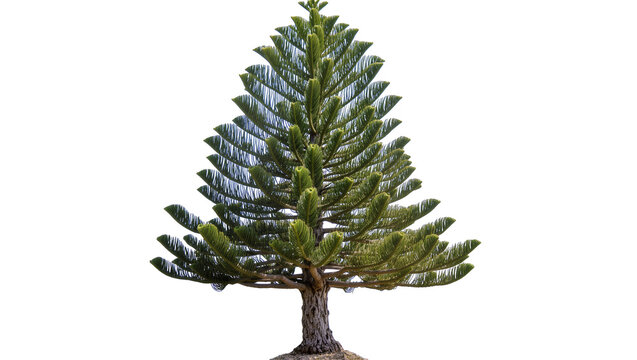 Tall green Norfolk Island pine tree with textured bark, isolated on transparent background