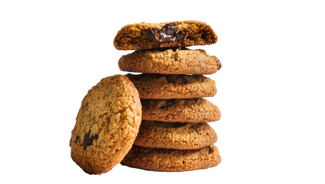 Stack of six chewy chocolate chip oatmeal cookies one broken open, isolated on transparent background