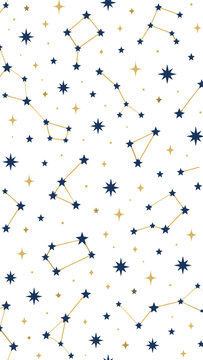 Seamless navy blue and gold constellation pattern with twinkling stars and celestial zodiac motifs on white background for textile and decor design