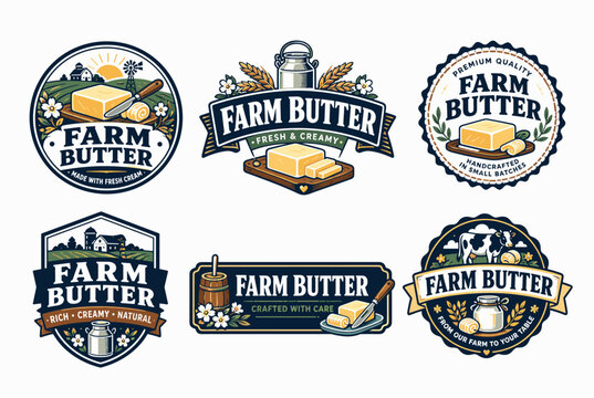 Set of vintage farm butter labels and logos featuring rustic dairy motifs&mdash;cow, churn, wheat&mdash;evoking fresh, natural, small-batch, artisan quality for packaging and branding