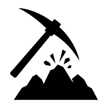 Black silhouette of a pickaxe striking a mountain, symbolizing mining or excavation activity.