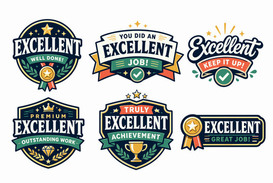 Excellent badges and reward stickers collection celebrating achievement. Success. And quality. Featuring various designs with stars. Ribbons. Laurel wreaths. Trophies
