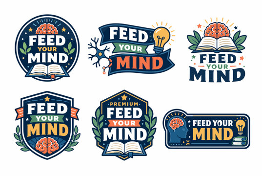 Collection of feed your mind concepts for education. Learning. And intellectual growth. Featuring human brains. Open books