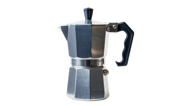 Polished aluminum stovetop espresso maker with black handle, isolated on transparent background