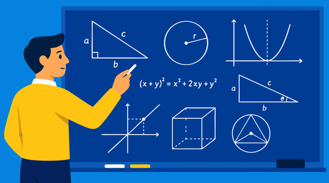 Male teacher pointing at chalkboard filled with bold colorful mathematical formulas geometric diagrams shapes triangles circle parabola cube vector illustration education concept